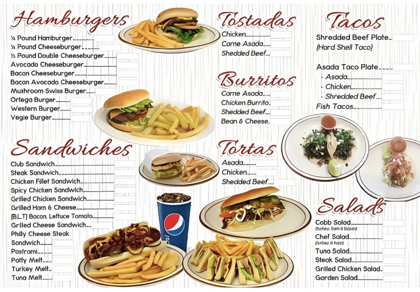 Chelo's Burgers printed menu — burgers, sandwiches, tostadas, burritos, tortas, tacos and salads